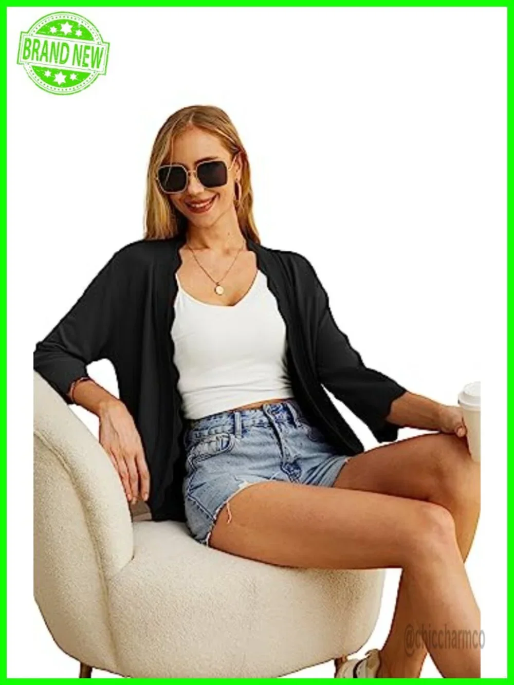 Lightweight Knit Cardigan Sweater 3/4 Sleeve Open Front